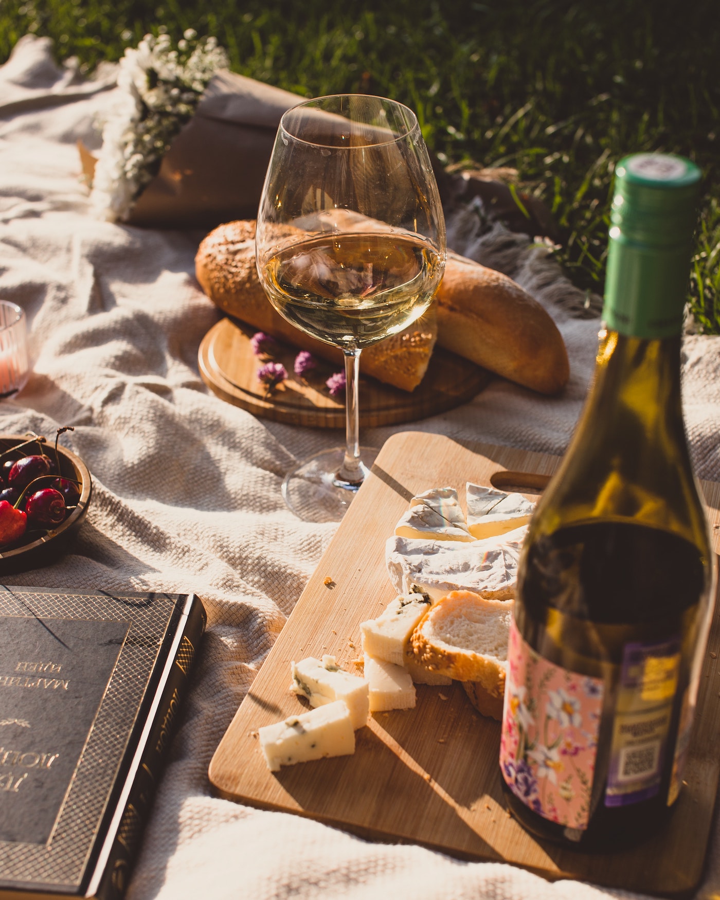 picnic with bread, cheese, wine